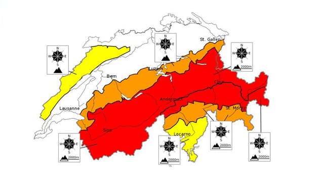 Lawinengefahrenkarte Schweiz, Alpenraum rot (grosse Gefahr), Randgebiete gelb. Lawinengefahrenkarte Schweiz, Alpenraum rot (grosse Gefahr), Randgebiete gelb.