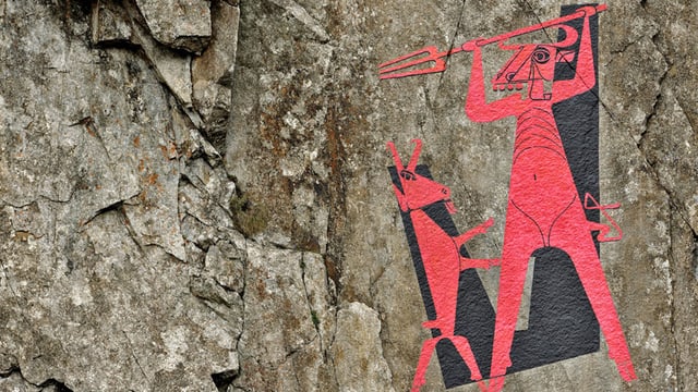 Das Felsbild mit dem roten Teufel in der Schöllenen.