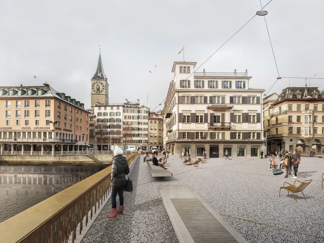 Visualisierung der neuen Gemüsebrücke mit Limmat, dem Hotel Storchen. Auf der Brücke ein langes Geländer und neuen lange Sitzbänke. Visualisierung der neuen Gemüsebrücke mit Limmat, dem Hotel Storchen. Auf der Brücke ein langes Geländer und neuen lange Sitzbänke.