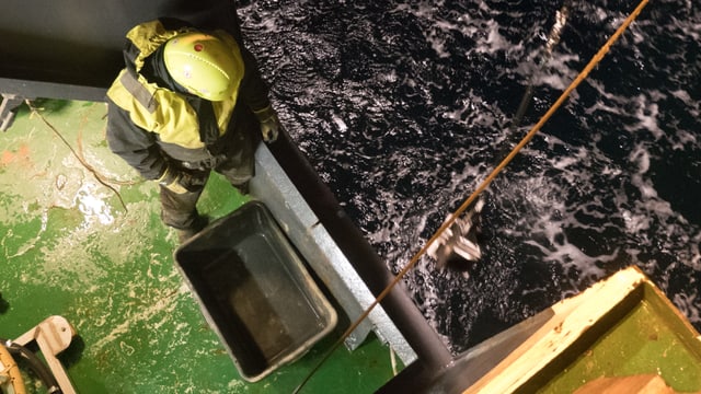 Blick von oben: Man sieht eine Person, die vom Schiff aus aufs Wasser schaut – vor ihr ein Bottich. Blick von oben: Man sieht eine Person, die vom Schiff aus aufs Wasser schaut – vor ihr ein Bottich.