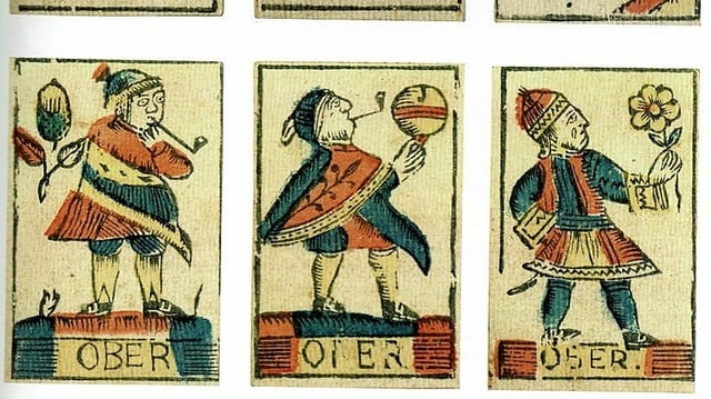 Alte Jasskarten mit verschiedenen Darstellungen des Ober. Alte Jasskarten mit verschiedenen Darstellungen des Ober.