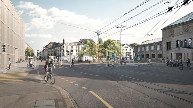 Eine Visualisierung zeigt durchgehend markierte Velostreifen. Eine Visualisierung zeigt durchgehend markierte Velostreifen.