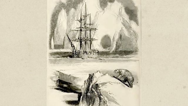 Historische Skizze: Segelschiff in einer Eislandschaft, im Vordergrund ein Eisbär. Historische Skizze: Segelschiff in einer Eislandschaft, im Vordergrund ein Eisbär.