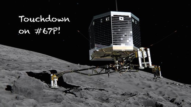Das Landegerät «Philae» mit einem Landefuss auf dem Kometen. Das Landegerät «Philae» mit einem Landefuss auf dem Kometen.
