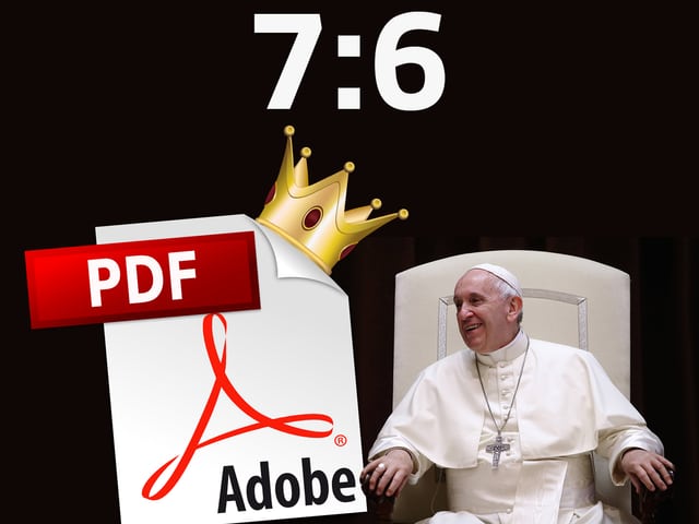Papst Franziskus lacht einem PDF zu, das eine Krone trägt. Papst Franziskus lacht einem PDF zu, das eine Krone trägt.