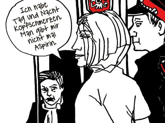 Zeichnung: Eine Frau vor Gericht. Zeichnung: Eine Frau vor Gericht.