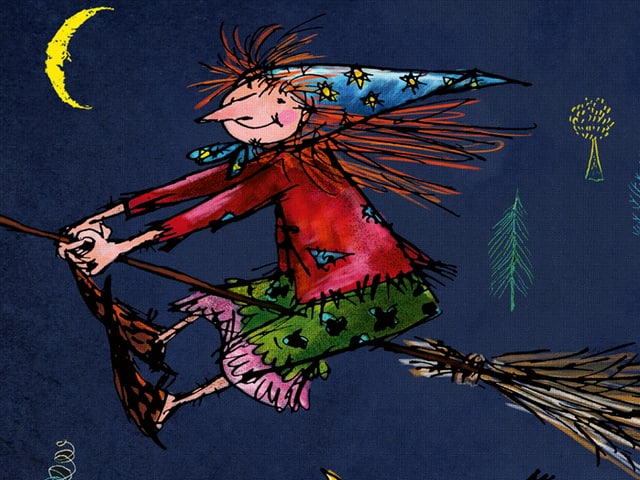 Zeichnung der kleinen Hexe auf einem fliegenden Besen. Zeichnung der kleinen Hexe auf einem fliegenden Besen.