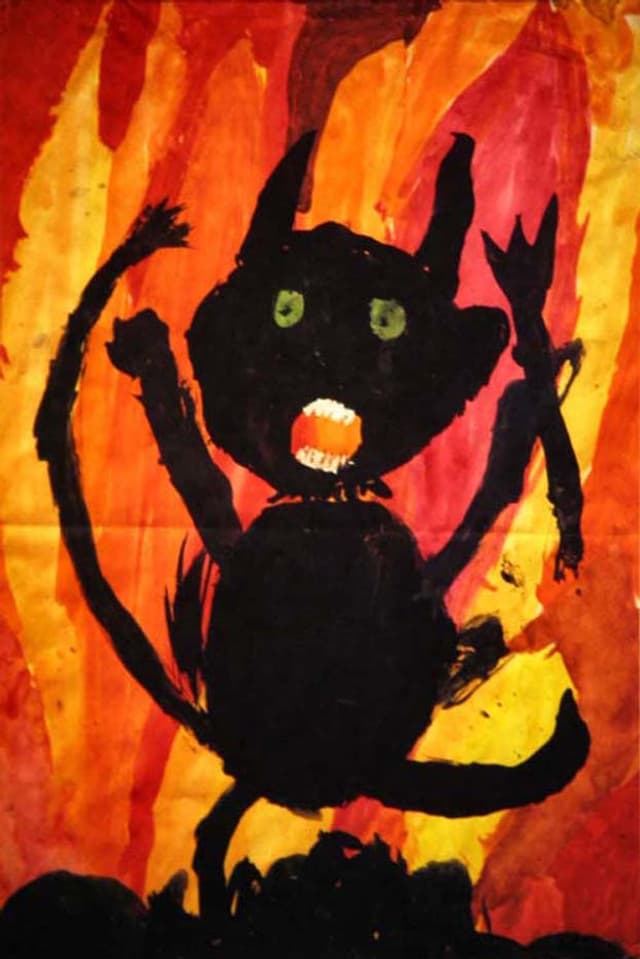 Kinderbild eines Teufels vor einem Feuer Kinderbild eines Teufels vor einem Feuer
