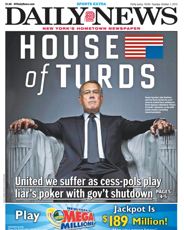 «House of Cards» Zitat mit John Boehner auf der Frontseite von «Daily News», 1. Oktober 2013. «House of Cards» Zitat mit John Boehner auf der Frontseite von «Daily News», 1. Oktober 2013.