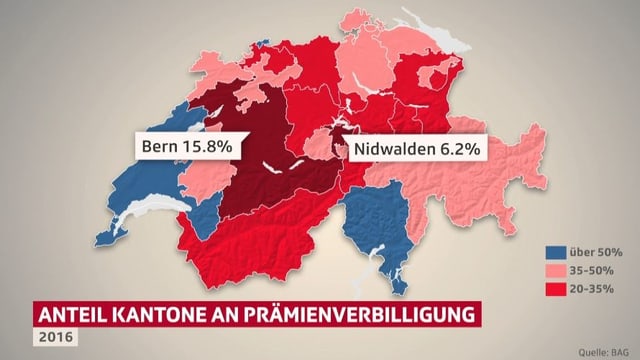 Karte Schweiz mit eingezeichneten Anteilen der Kantone an Prämienverbilligung. Karte Schweiz mit eingezeichneten Anteilen der Kantone an Prämienverbilligung.