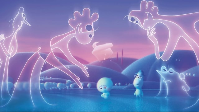 Szene aus einem Animationsfilm: Zwei Seelen umringt von grossen, lächelnden Gestalten, die nur aus Linien bestehen. Szene aus einem Animationsfilm: Zwei Seelen umringt von grossen, lächelnden Gestalten, die nur aus Linien bestehen.