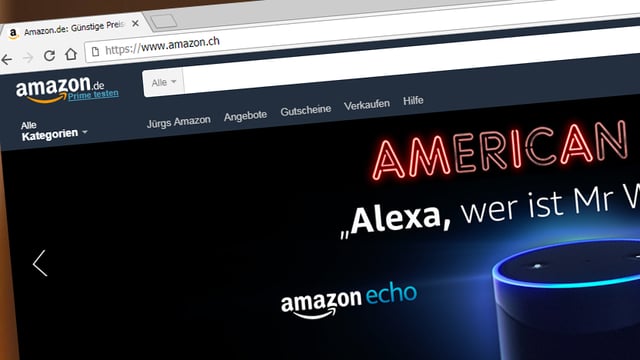 Ein Screenshot zeigt die deutsche Amazon-Seite, in der Adressleiste des Browsers ist aber «Amazon.ch» zu lesen. Ein Screenshot zeigt die deutsche Amazon-Seite, in der Adressleiste des Browsers ist aber «Amazon.ch» zu lesen.