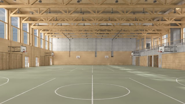 Innenansicht der geplanten Dreifach-Sporthalle bei der Kantonsschule Ausserschwyz. Innenansicht der geplanten Dreifach-Sporthalle bei der Kantonsschule Ausserschwyz.