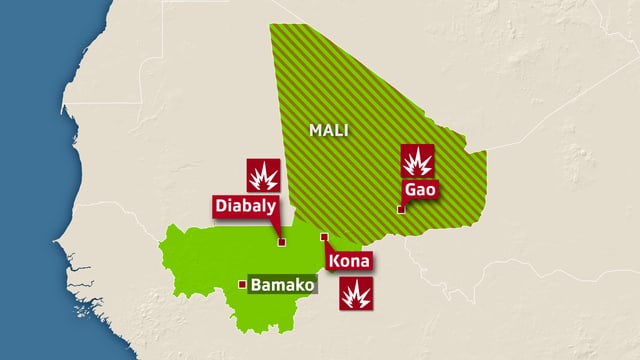 Karte von Mali mit den Rebellengebieten und den drei umkämpften Städten Diabaly, Gao und Kona. 
