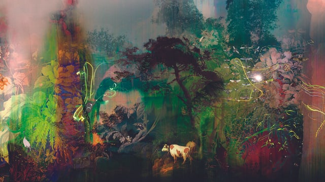 in maletg da claudia caviezel, ina cuntrada surreala, cun fermas colurs, ina pintga vacca in maletg da claudia caviezel, ina cuntrada surreala, cun fermas colurs, ina pintga vacca