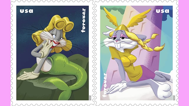 Zwei Briefmarken zeigen den Comichasen Bugs Bunny in Frauen-Rollen: Als Meerjungfrau und mit grossem Busen. 