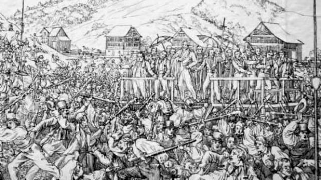Horen- und Klauenstreit, Original-Stich nach einer Zeichnung von M. Disteli von 1839.