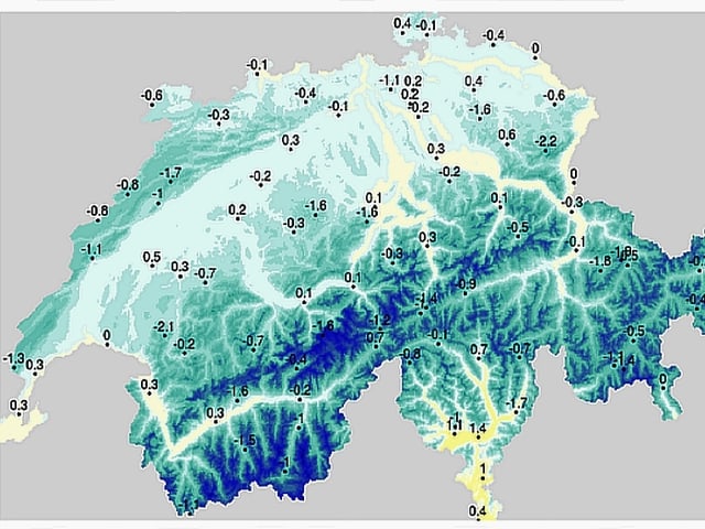 Auf einer Schweizkarte sind die derzeitigen Temperaturabweichungen für November in Farbe sowie tatsächlen Werten abgebildet. Auf einer Schweizkarte sind die derzeitigen Temperaturabweichungen für November in Farbe sowie tatsächlen Werten abgebildet.
