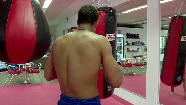 Junger Mann beim Box-Training, Ansicht von hinten. Junger Mann beim Box-Training, Ansicht von hinten.