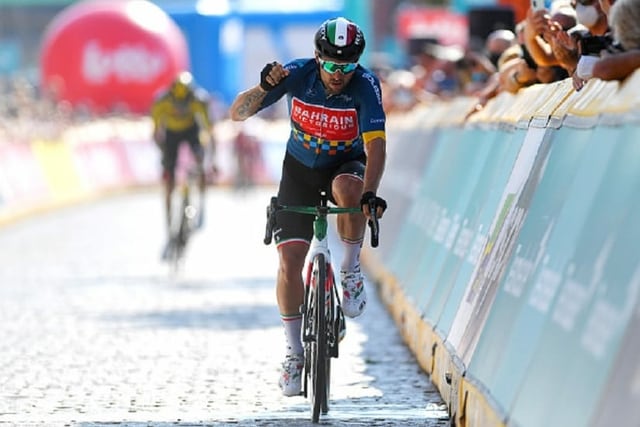Sonny Colbrelli nach der Zielankuft der letzten Etappe. Sonny Colbrelli nach der Zielankuft der letzten Etappe.