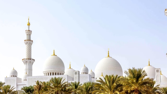 Ein Minarett und einige weisse Kuppeln sind hinter Palmen zu erkennen. Ein Minarett und einige weisse Kuppeln sind hinter Palmen zu erkennen.