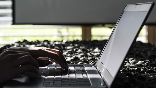 Person sitzt vor Computer. Person sitzt vor Computer.