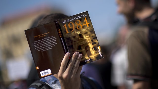 Eine Person liest George Orwells Buch «1984» und bedeckt damit sein Gesicht. Eine Person liest George Orwells Buch «1984» und bedeckt damit sein Gesicht.