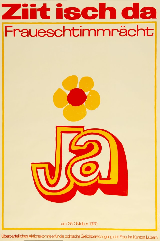 ein orange-gelbes Plakat mit Blumen auf dem gross "Ja" steht ein orange-gelbes Plakat mit Blumen auf dem gross "Ja" steht