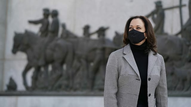 Harris mit Maske vor einem Denkmal. Harris mit Maske vor einem Denkmal.