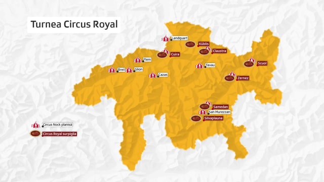 Purtret d'ina charta dal Grischun cun nudà ils termins dal Circus Nock ch'èn stadas planisadas e quellas ch'il circus Royal surpiglia. Purtret d'ina charta dal Grischun cun nudà ils termins dal Circus Nock ch'èn stadas planisadas e quellas ch'il circus Royal surpiglia.