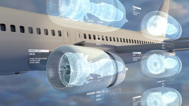 Der digitale Zwilling eines Flugzeuges mit seinen Triebwerken. Der digitale Zwilling eines Flugzeuges mit seinen Triebwerken.