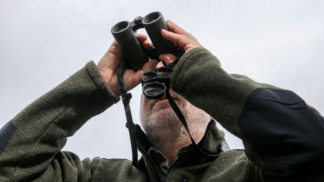 Jäger blickt mit dem Fernglas in die Ferne. Jäger blickt mit dem Fernglas in die Ferne.