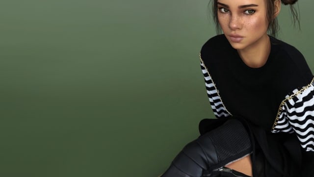 Lil Miquela in Stiefeln von Balmain. Lil Miquela in Stiefeln von Balmain.
