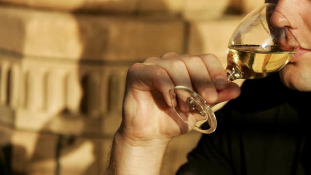 Mann trinkt ein Glas Wein. Mann trinkt ein Glas Wein.