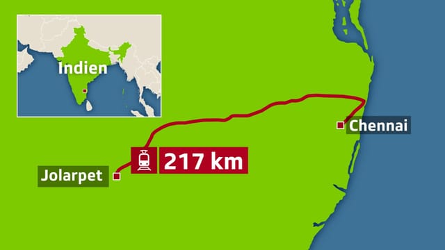 Karte Indiens mit der eingezeichneten Zugstrecke von Jolarpet nach Chennai. Karte Indiens mit der eingezeichneten Zugstrecke von Jolarpet nach Chennai.