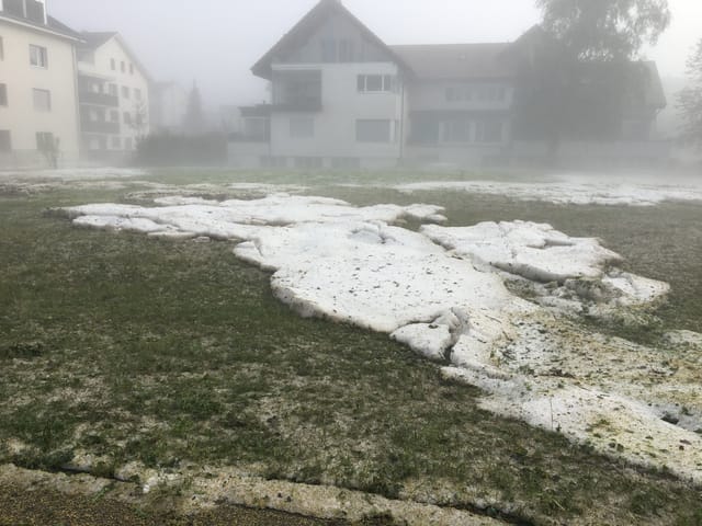Haufenweise Hagel auf einem Feld.