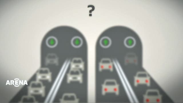 Grafik mit zwei Tunnelröhren und vier Fahrspuren, die alle von Autos befahren werden. Grafik mit zwei Tunnelröhren und vier Fahrspuren, die alle von Autos befahren werden.