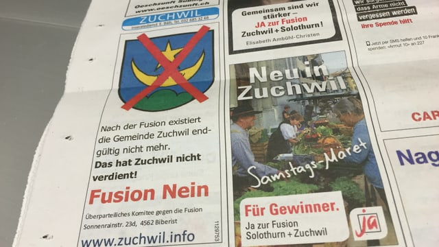 Inserate in einer Lokalzeitung für und gegen die Fusion Inserate in einer Lokalzeitung für und gegen die Fusion