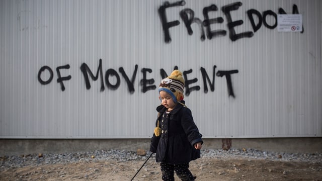 Ein Kleinkind vor einer Wand mit der Aufschrift «Freedom of movement» Ein Kleinkind vor einer Wand mit der Aufschrift «Freedom of movement»