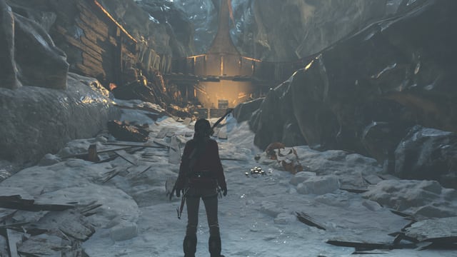 Lara steht in einer Eishöhle vor einem Schatz. Lara steht in einer Eishöhle vor einem Schatz.