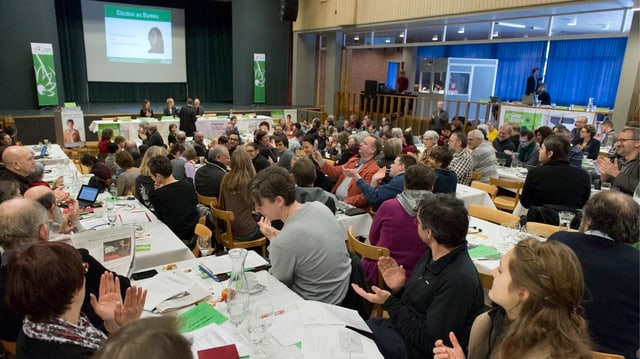 Delegierte der Grünen in einer Halle sitzend Delegierte der Grünen in einer Halle sitzend