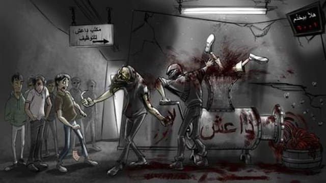 Das Cartoon zeigt Rekruten, die anstehen, um in einen Fleischwolf geschoben zu werden. Das Cartoon zeigt Rekruten, die anstehen, um in einen Fleischwolf geschoben zu werden.