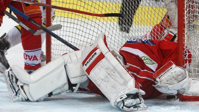 Lakers-Goalie Melvin Nyffeler liegt über der Scheibe. Ob diese links vom rechten Pfosten hinter oder auf der Linie liegt, ist nicht zu erkennen. Lakers-Goalie Melvin Nyffeler liegt über der Scheibe. Ob diese links vom rechten Pfosten hinter oder auf der Linie liegt, ist nicht zu erkennen.
