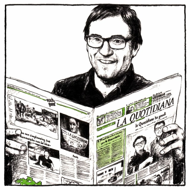caricatura, David Truttmann, emprim schefredactur da la FMR (Fundaziun Medias Rumantscha) caricatura, David Truttmann, emprim schefredactur da la FMR (Fundaziun Medias Rumantscha)