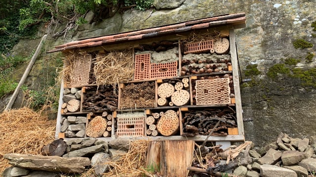 Ein grosses Bienenhotel aus verschiedenen Materialien. Ein grosses Bienenhotel aus verschiedenen Materialien.
