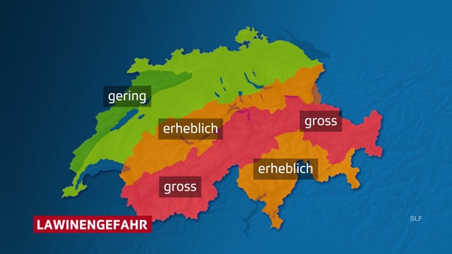 Karte der Schweiz mit der einzgezeichneten Lawinengefahr. Karte der Schweiz mit der einzgezeichneten Lawinengefahr.