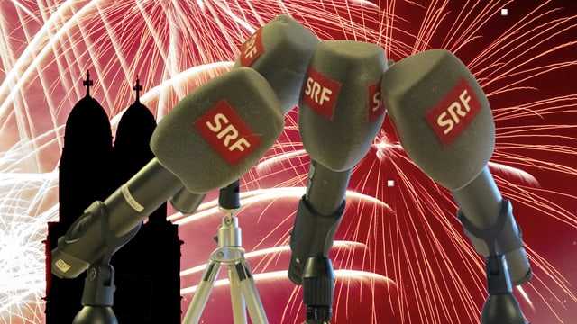 Vier SRF-Mikrofone, im Hintergrund ein Feuerwerk vor dem Zürcher Grossmünster Vier SRF-Mikrofone, im Hintergrund ein Feuerwerk vor dem Zürcher Grossmünster