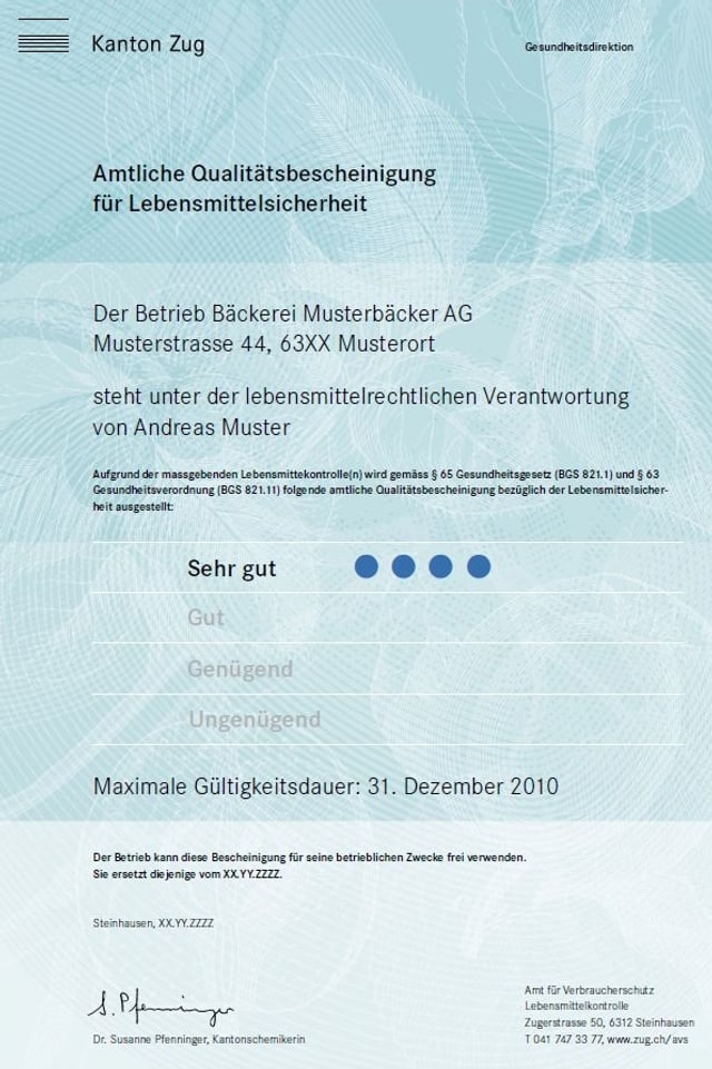 Muster einer Qualitätsbescheinigung für Lebensmittelbetriebe im Kanton Zug. Muster einer Qualitätsbescheinigung für Lebensmittelbetriebe im Kanton Zug.