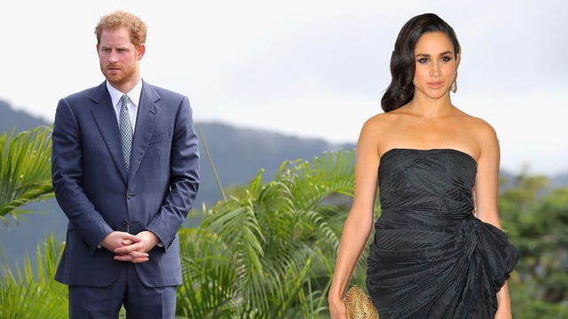 Prinz Harry und Meghan Markle vor Palmen stehend (Bildmontage) Prinz Harry und Meghan Markle vor Palmen stehend (Bildmontage)