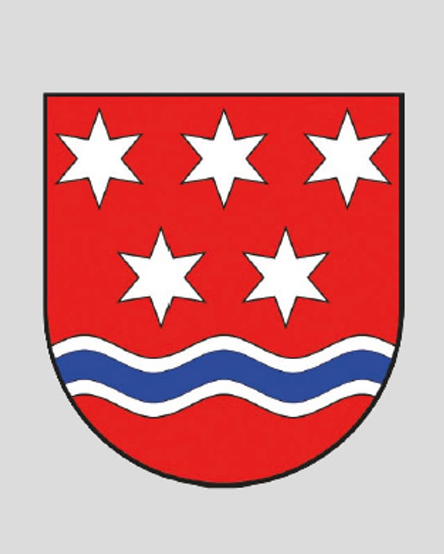 Wappen mit fünf Sternen und einem stilisierten Fluss Wappen mit fünf Sternen und einem stilisierten Fluss